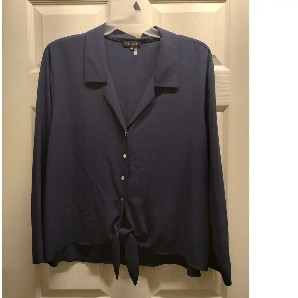 1. STATE NWT Women's Plus Size XXL Navy Long Sleeves Button-Up Knot Front Top - Picture 2 of 7